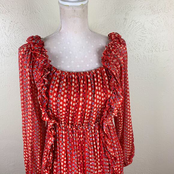 Tanya Taylor Daria Silk Midi Dress Size 8 Red Geo Print Chiffon Ruffles - Picture 3 of 12